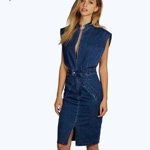 Boohoo open front denim dress.